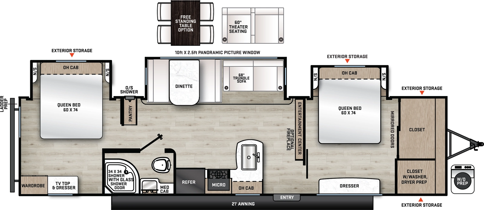 The Aurora 34BHTS (2 Queen Beds) floorplan has one entry and three slide outs. Exterior features include: metal exterior and 21' awning. Interiors features include: free-standing dinette option, front bedroom, rear bedroom and two bedrooms.